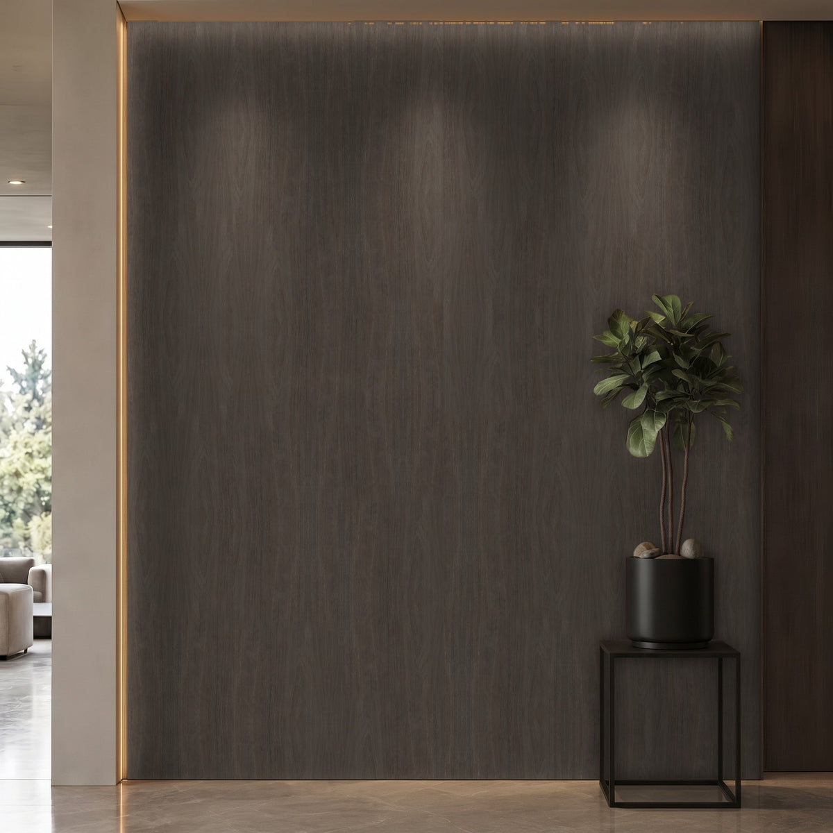 Bodaq W016 Walnut interior film rendered on a feature wall