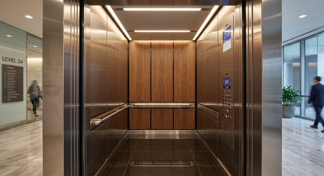 Elevator interior wrapped in 3M DI-NOC wood grain and brushed metallic architectural film