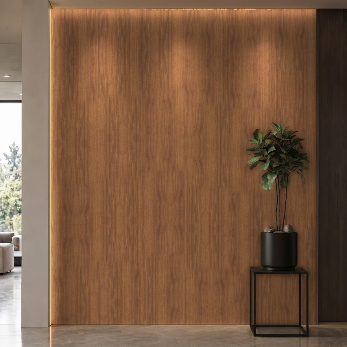 Bodaq W376 Walnut interior film rendered on a feature wall