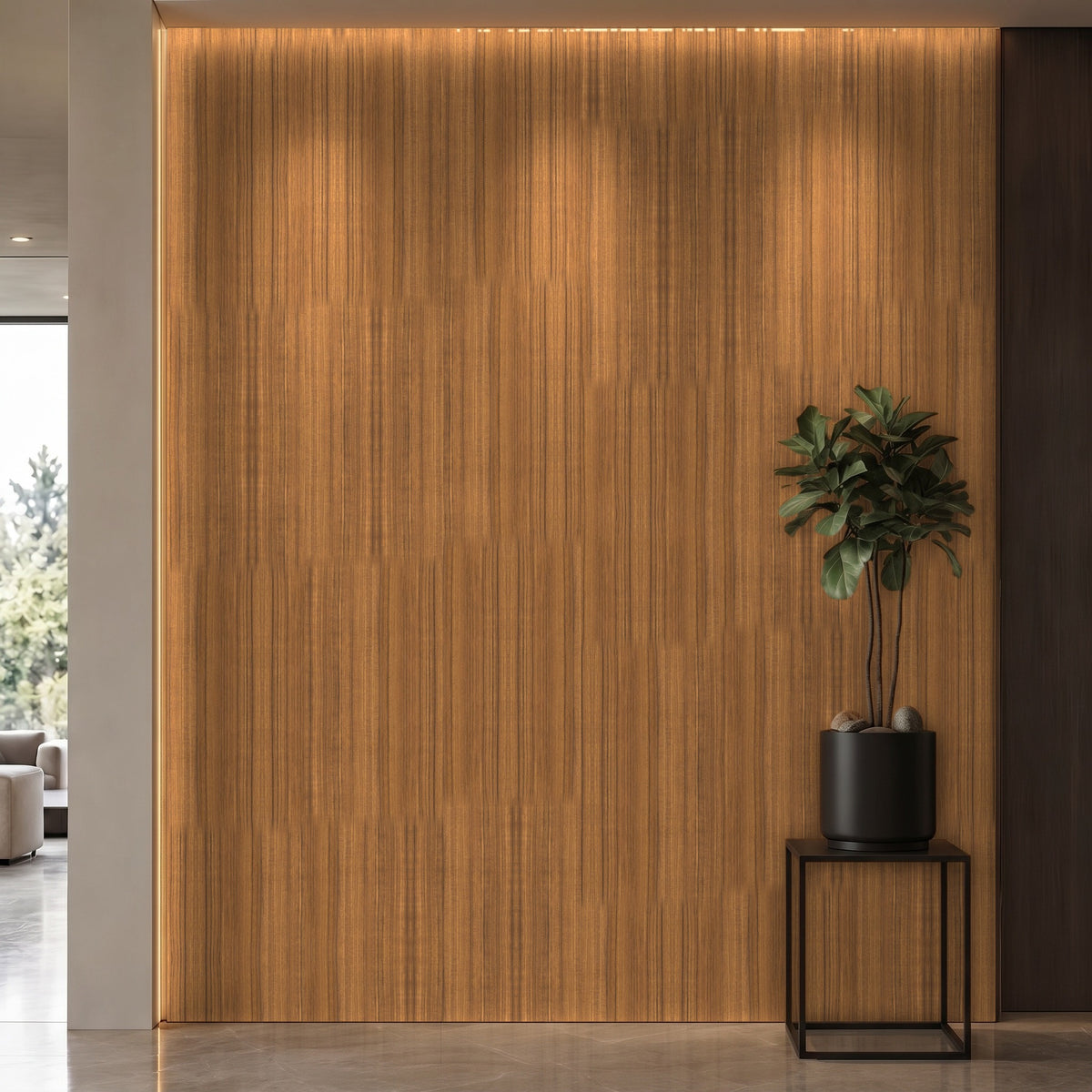 Bodaq ZX118 Teak interior film rendered on a feature wall
