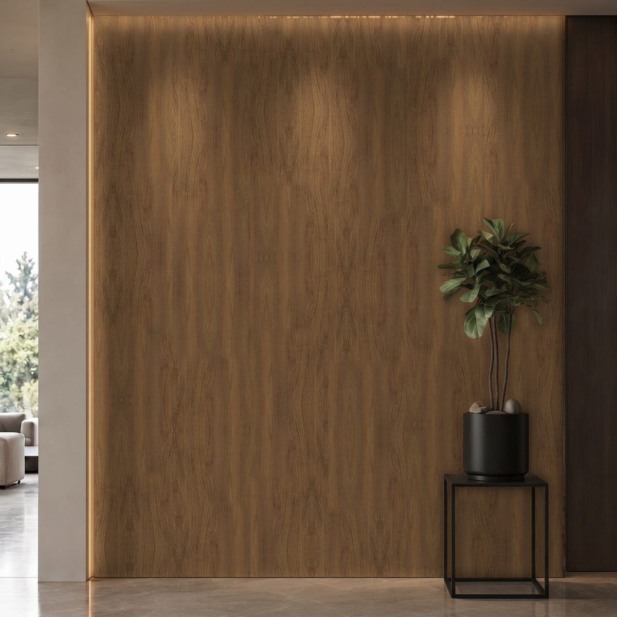 Bodaq ZX126 Walnut interior film rendered on a feature wall